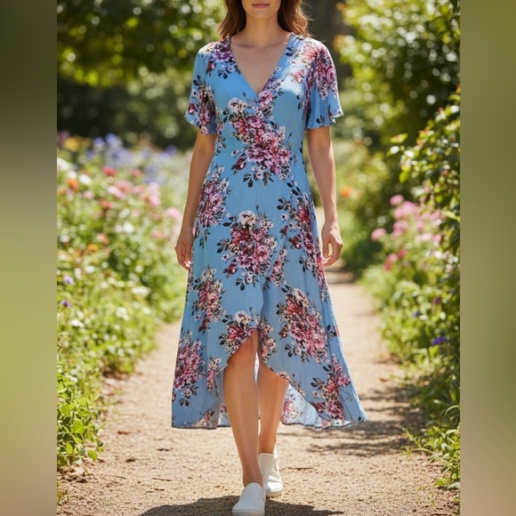 Azalosie Dresses & Skirts - Azalosie Floral High-Low Dress Light Blue Size Small